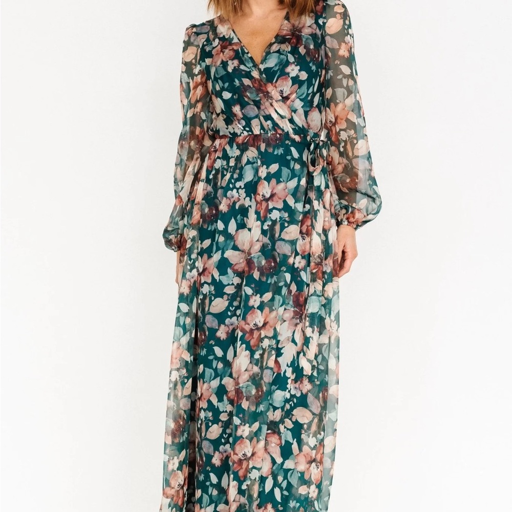 Baltic Born Green Tan Wrap Sundress with Bishop Sleeves